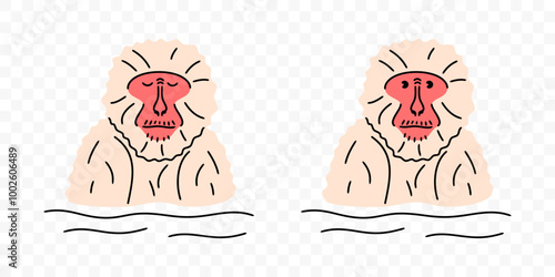 Japanese macaque soak in hot spring, graphic design. Snow monkey bathing and soaking, primate and animal, vector design and illustration