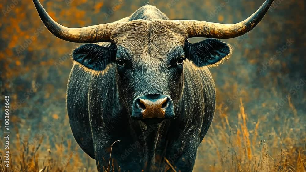A large, black bull stares directly at the camera with its horns spread wide A large, black bull stares directly at the camera with its horns spread wide