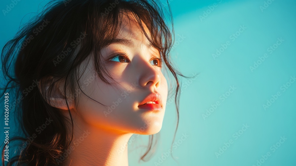 Captivating Headshot of Alluring Young Woman with Glowing Makeup and Intriguing Expression Captivating Headshot of Alluring Young Woman with Glowing Makeup and Intriguing Expression