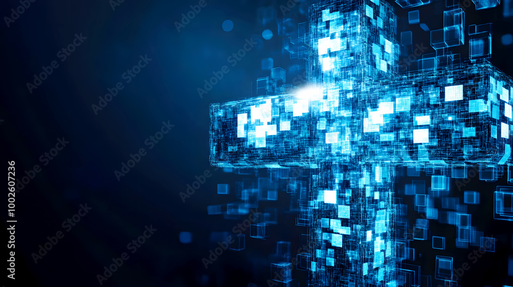 Obraz premium Blue and White Pixelated Cross Symbolizing Technology