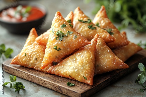 Crispy golden samosas perfect for Diwali celebrations, showcasing traditional Indian cuisine. Ideal for festive menus or event promotions during the festival of lights. photo