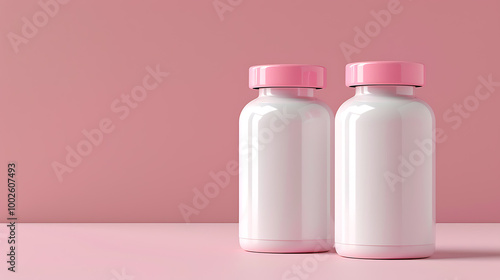 Two white bottles with pink lids sit on a pink surface. A simple but effective mock-up.