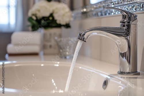 Water flowing from the faucet of an elegant bathroom sink, representing clean and refreshing water