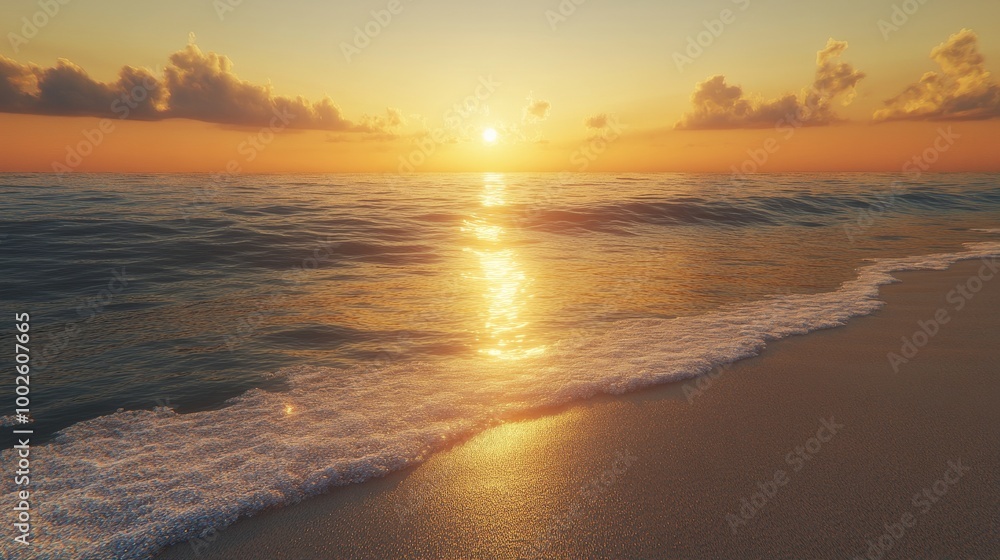 Golden sunset over a serene beach, crystal-clear water Golden sunset over a serene beach, crystal-clear water
