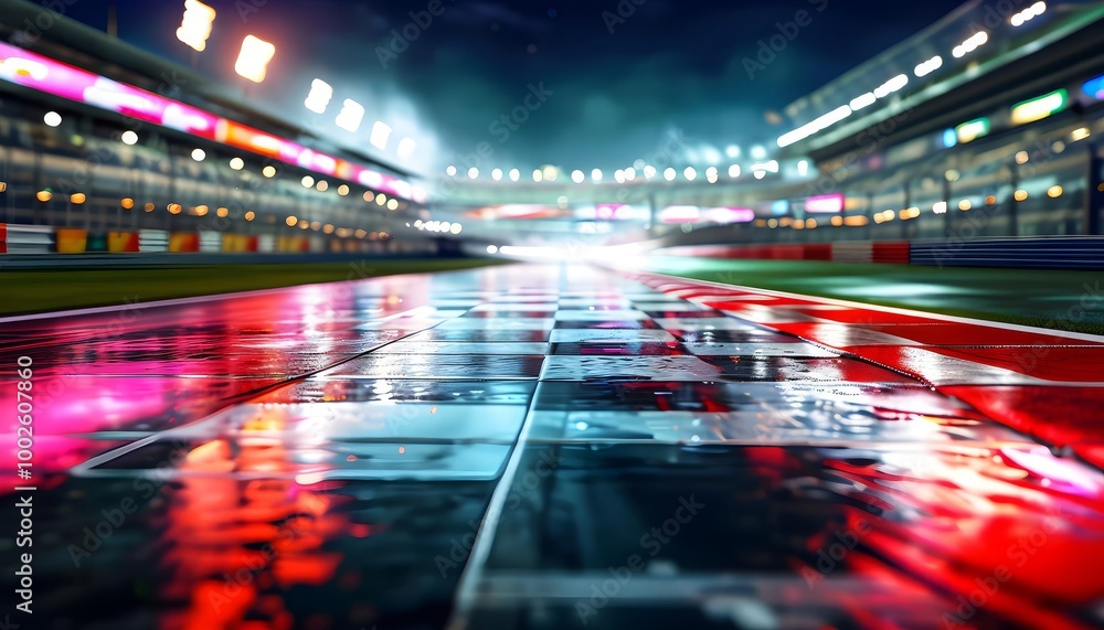 Illuminated wet racetrack at night, shining reflections, perfect for motorsport designs Illuminated wet racetrack at night, shining reflections, perfect for motorsport designs