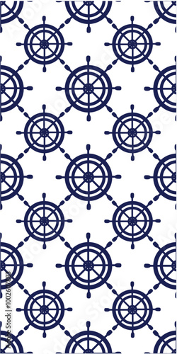 A repeating pattern of nautical steering wheels in navy blue on a light background, suitable for marine-themed designs.