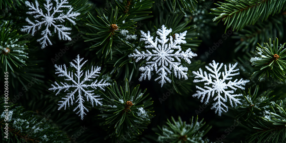 Snowflakes on Evergreen Branches Close-Up Snowflakes on Evergreen Branches Close-Up