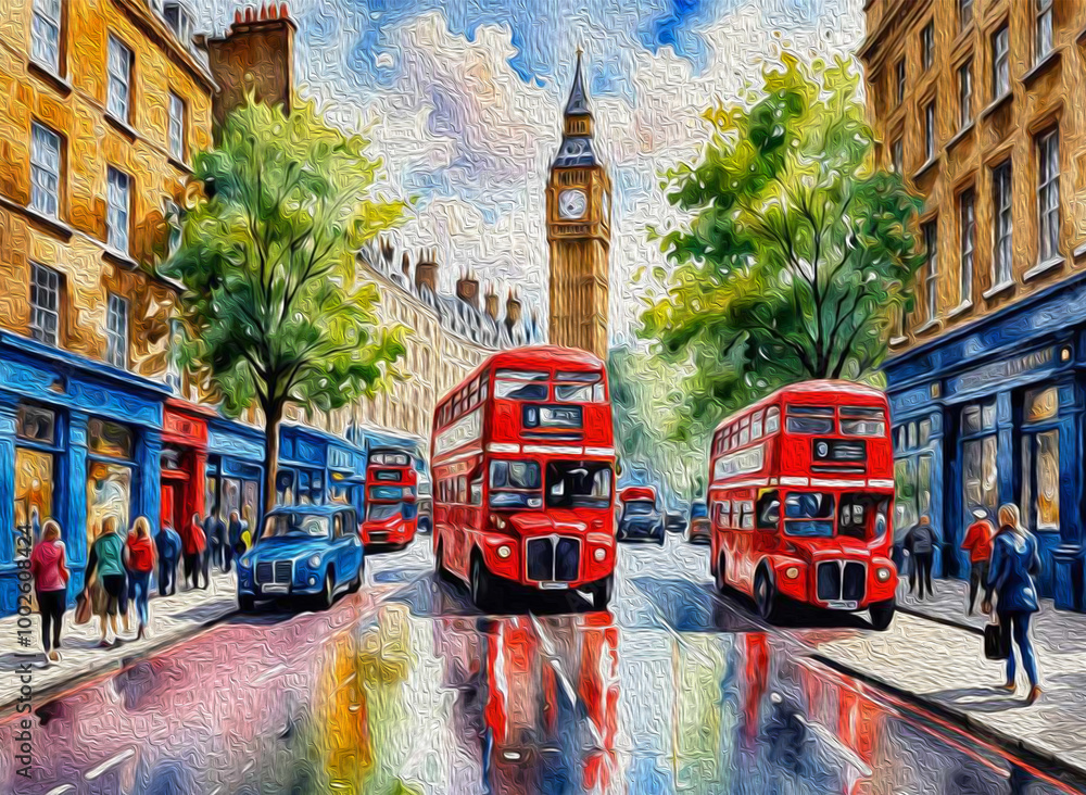 Obraz premium Oil painting. City landscape. Pattern for printing on wall decorations, fabrics, and for use in graphics.