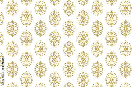 A repeating ornamental pattern featuring intricate designs in gold and pink on a white background.