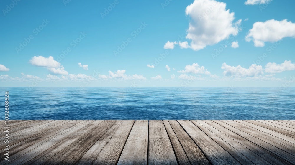 Perspective from a wooden platform, facing an endless ocean Perspective from a wooden platform, facing an endless ocean