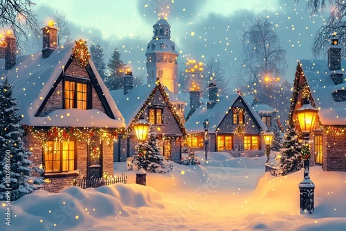 Picturesque Christmas village in vintage style snow-covered roofs and glowing lanterns