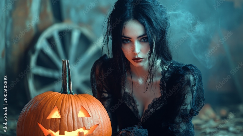 Fototapeta premium Dark Gothic Halloween Aesthetic with Pumpkins and Mysterious Girl