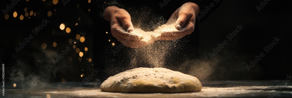 Person Sprinkling Flour on Dough