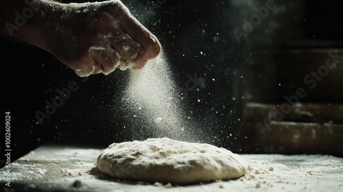 Person Sprinkling Flour on Dough