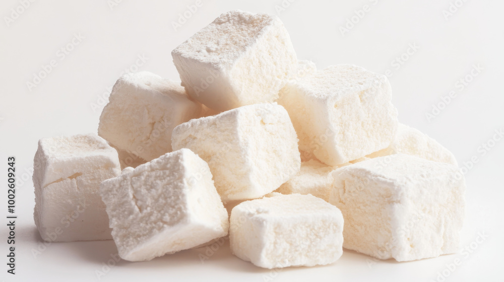 A pile of fluffy, yummy marshmallows against a white backdrop. A pile of fluffy, yummy marshmallows against a white backdrop.