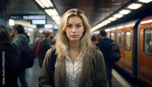 Serious blonde woman on crowded subway platform, urban commute, represents public transportation