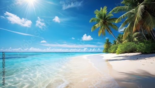 Wallpaper Mural Stunning tropical beach with turquoise waters and palm trees against blue sky, ideal for travel ads Torontodigital.ca