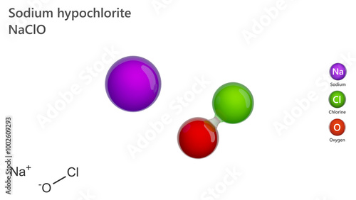 Model of Sodium hypochlorite NaClO. Sodium hypochlorite, an inorganic sodium salt.It is used as a bleaching and disinfecting agent in household products. White background. 3d illustration photo