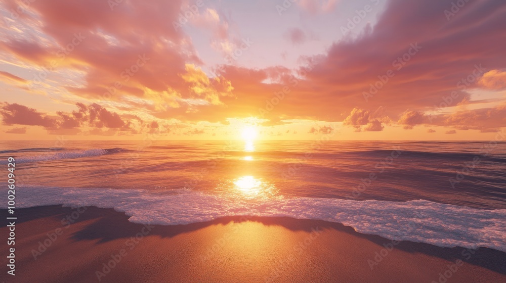 Sunset on a quiet beach, the sky ablaze with vibrant colors Sunset on a quiet beach, the sky ablaze with vibrant colors