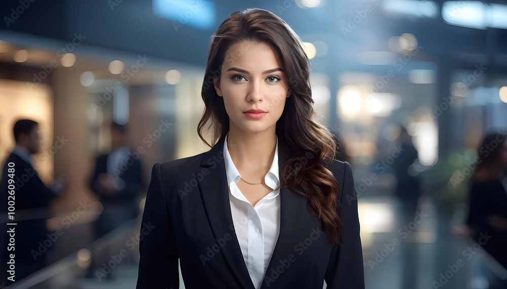 Confident businesswoman with serious mood facing camera in busy office, corporate brochure Confident businesswoman with serious mood facing camera in busy office, corporate brochure