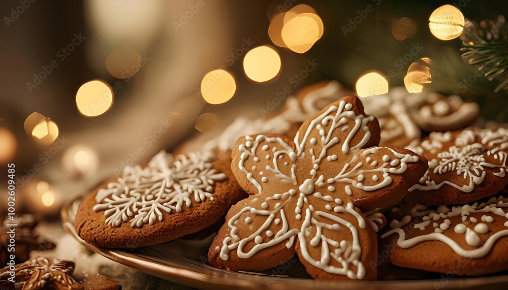 Decorated gingerbread cookies with icing on festive background, Christmas celebration, baking Decorated gingerbread cookies with icing on festive background, Christmas celebration, baking