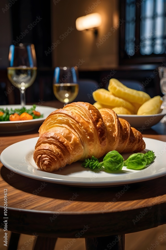 Brown tasty sweet croissant pastry. French baked dish crescent roll bun on dinner food table Brown tasty sweet croissant pastry. French baked dish crescent roll bun on dinner food table