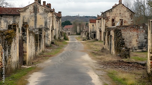 A deserted street lined with crumbling brick buildings in a ghost town.