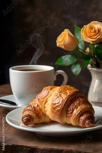 Brown tasty sweet croissant pastry with black coffee. French baked dish crescent roll bun on breakfast food table