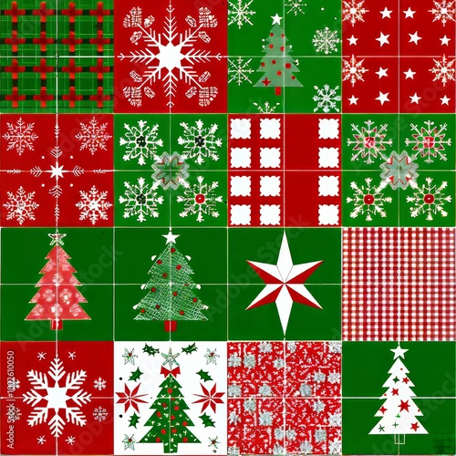 Vibrant red and green patchwork design with christmas motifs for festive wallpaper or wrapping paper