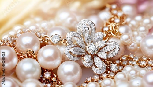 Elegant close-up of luxurious jewelry showcasing shimmering pearls and dazzling diamonds, ideal for fashion and sophistication themes.