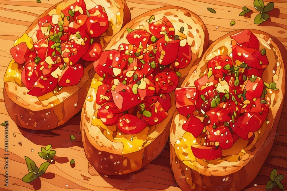 Fototapeta premium Fresh Tomato Bruschetta on Toasted Bread Slices