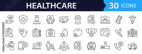 Healthcare set of web icons in line style. Medicine and Health Care linear icon collection. Containing emergency, doctor, treatment, medical, report, diagnosis, health, prevention. Editable stroke