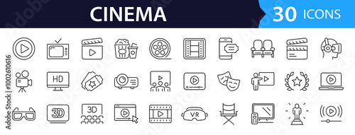 Cinema set of web icons in line style. Movie and Film linear icon collection. Containing video, movie theater, 3d, vr, popcorn, ticket, director, soundtrack and more. Editable stroke