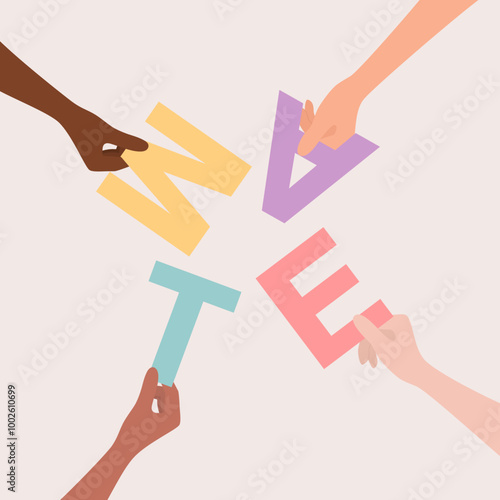 Hands of people of different nationalities and skin tones holding multicolored letters forming the word team, top view. Flat vector illustration