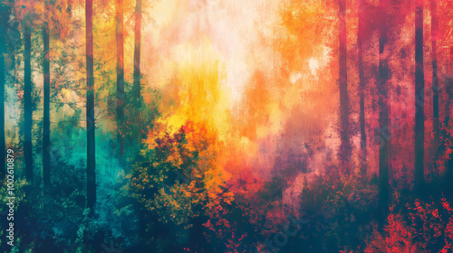 A colorful painting of a forest, perfect for travel-themed projects. The image is isolated, making it easy to use.