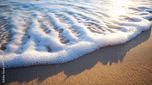 A close-up of a wave breaking on a sandy beach, with the sun low in the sky casting long shadows photo