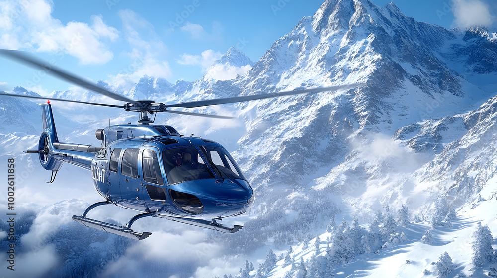 Blue Helicopter Flying Over Snow-Covered Mountains
Blue Helicopter Flying Over Snow-Covered Mountains