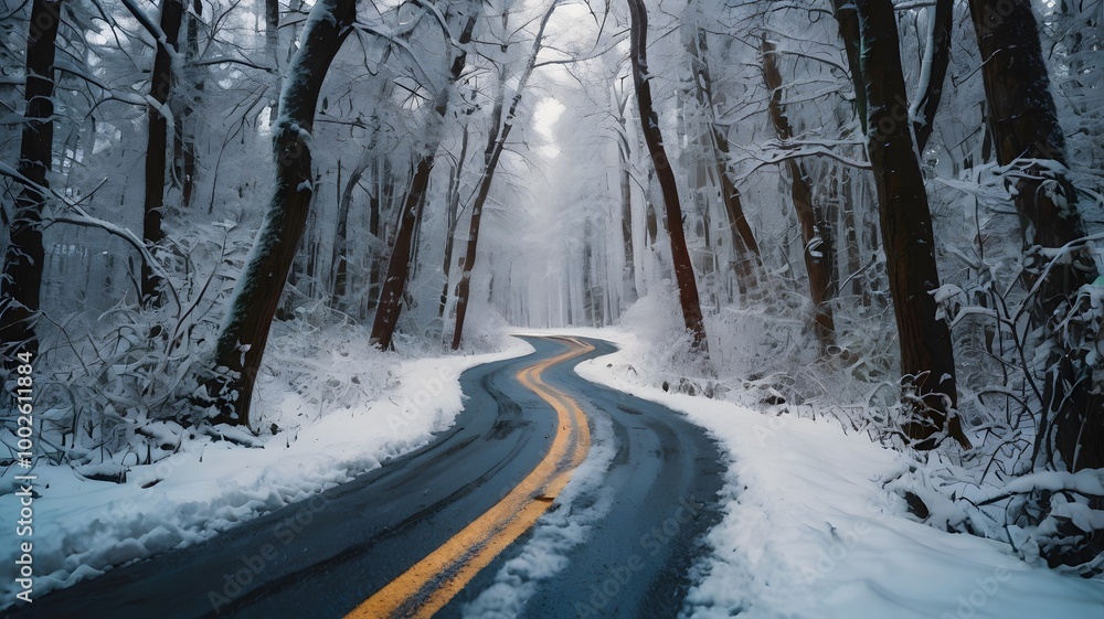 Long Asphalt road on frozen white forest. Snowy ice frost trees nature landscape. Cold winter season snow yellow stripe path Long Asphalt road on frozen white forest. Snowy ice frost trees nature landscape. Cold winter season snow yellow stripe path
