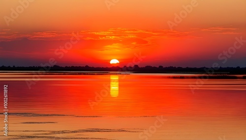 Vibrant sunset reflections on calm water showcasing brilliant orange and red hues