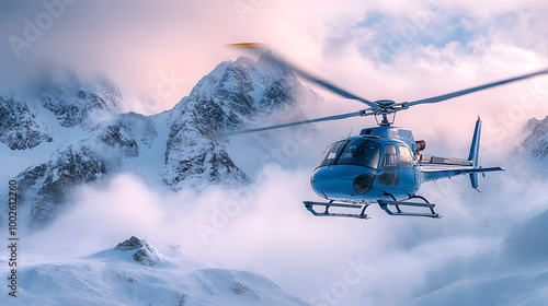 Blue Helicopter Flying Over Snow-Covered Mountains 