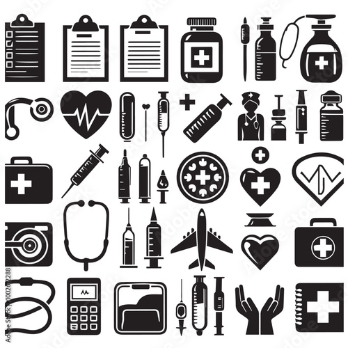 Nursing elements black vector black color silhouette white color background