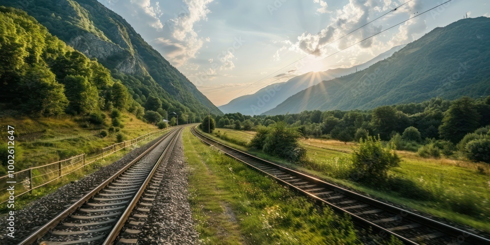 Fototapeta premium European Train Travel: A scenic view from a train traveling through Europe