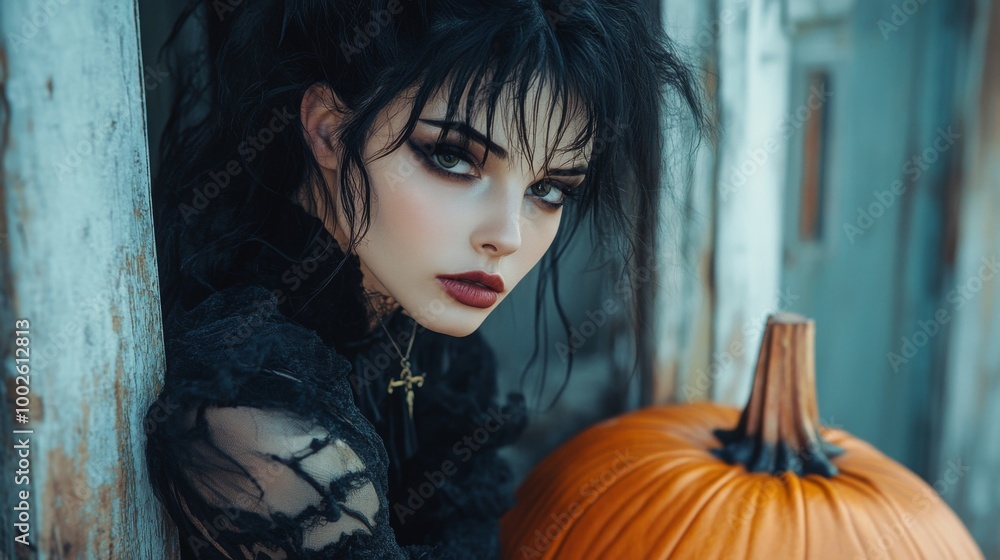 Dark Gothic Halloween Aesthetic with Pumpkins and Mysterious Girl Dark Gothic Halloween Aesthetic with Pumpkins and Mysterious Girl