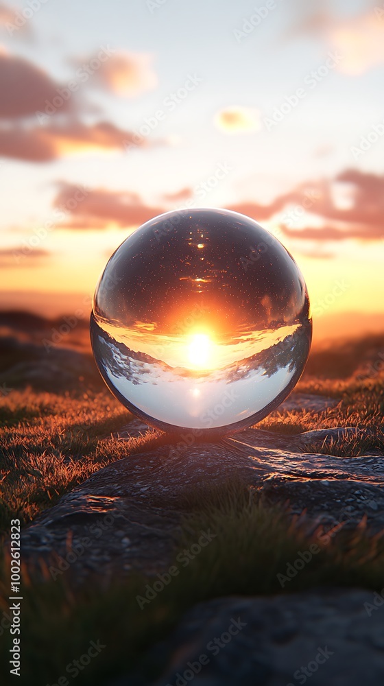 Serene sunset captured in transparent glass ball beauty image