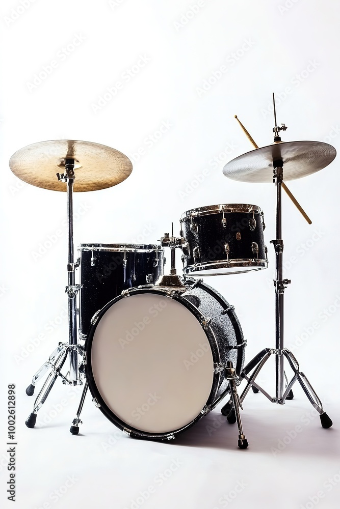 Fototapeta premium Black drum set with cymbals on white background