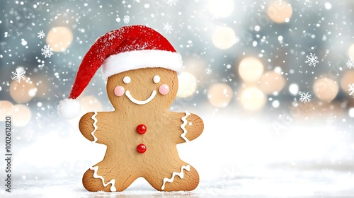 Cheerful Gingerbread Man Wearing a Santa Hat in a Winter Wonderland