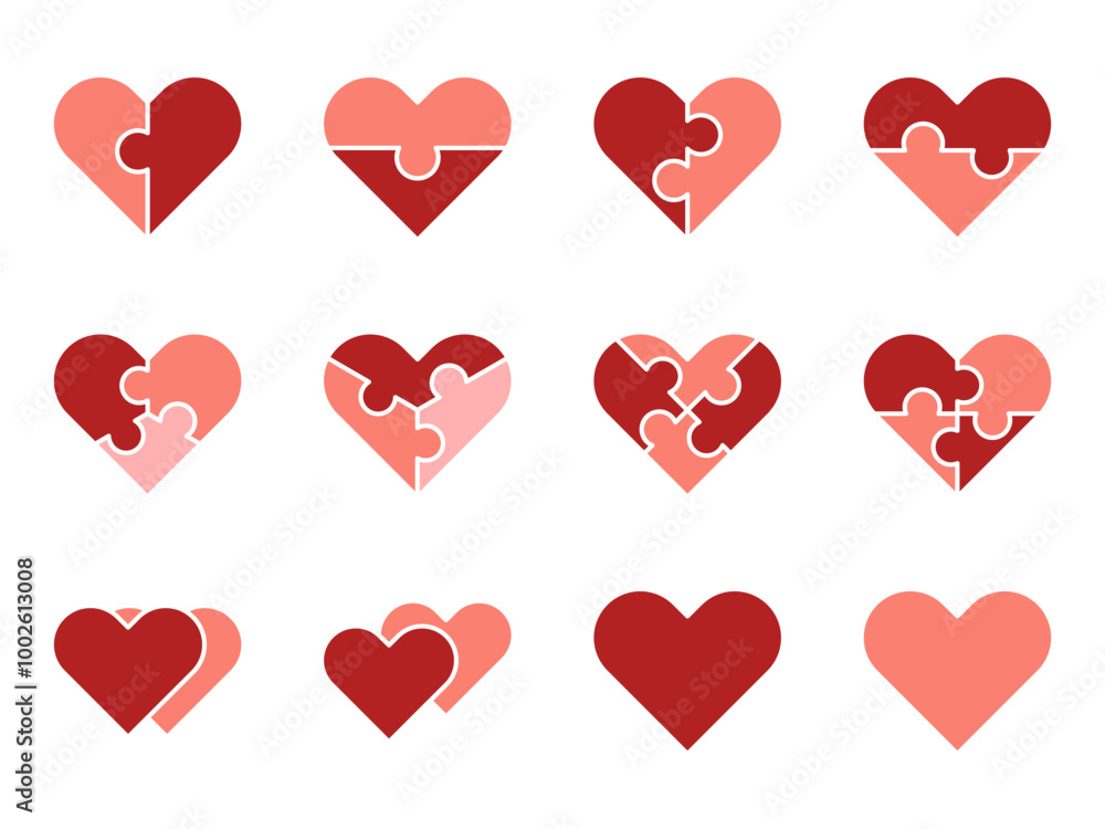 Vector icons puzzle heart. Symbols of love and friendship, two halves. Valentine's day, zigzag puzzles and 2 hearts together. Falling in love and cooperation, parts of whole. Editable stroke red set. Vector icons puzzle heart. Symbols of love and friendship, two halves. Valentine's day, zigzag puzzles and 2 hearts together. Falling in love and cooperation, parts of whole. Editable stroke red set.