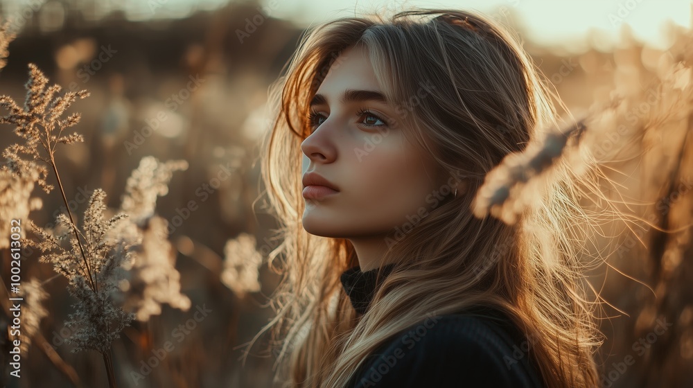 A young woman gazes thoughtfully while surrounded by golden grasses during sunset at a serene outdoor location A young woman gazes thoughtfully while surrounded by golden grasses during sunset at a serene outdoor location