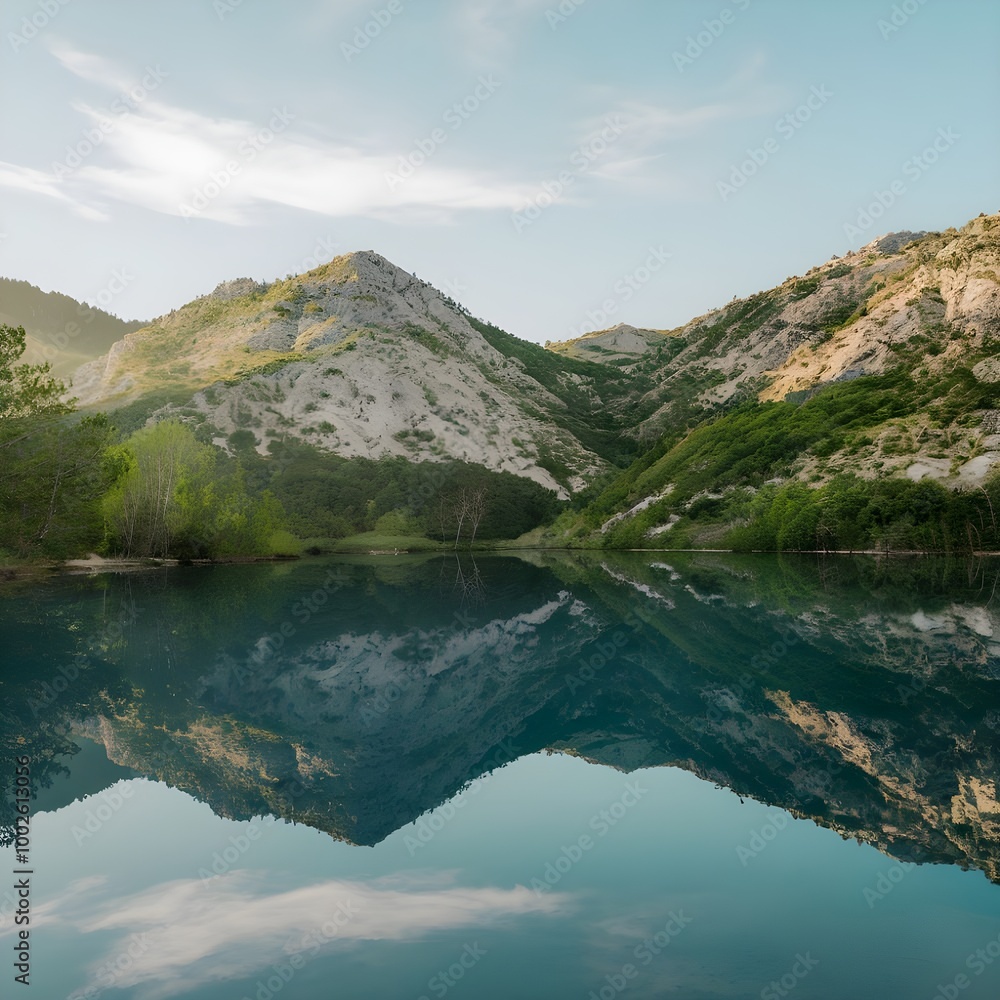 High-Angle Shot of a Serene Landscape with a Calm Lake High-Angle Shot of a Serene Landscape with a Calm Lake