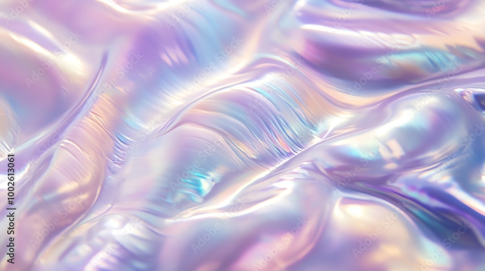 Fototapeta premium A shimmering, iridescent surface with soft waves reflecting various colors in a mesmerizing pattern.